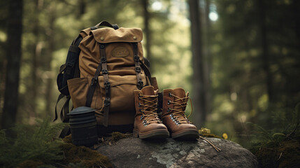 Hiking equipment in forest. Backpack and leather ankle boots. Generative Ai