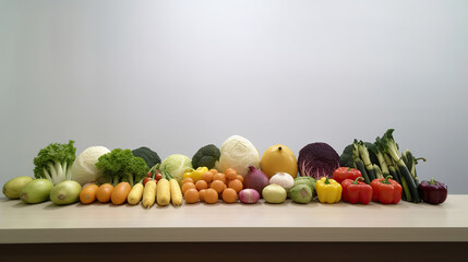 Set of variety vegetable with copy space of table, white kitchen counter bar. Generative Ai