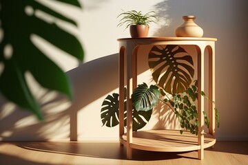 Fototapeta premium An interior wall with the shadow of the leaf of an monstera, negative copy space. Ai generated.