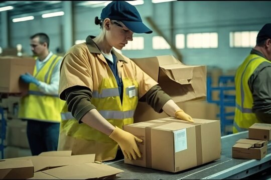 Operators handle merchandise in cardboard boxes at a peak of online commerce, Ai generated.