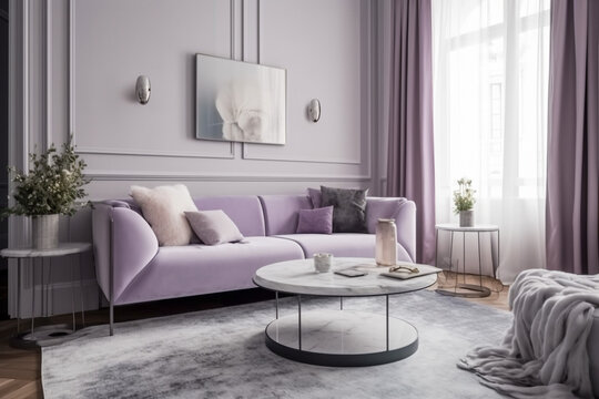 Cozy living room for woman, lilac light colors. Super photo realistic background, generative ai illustration