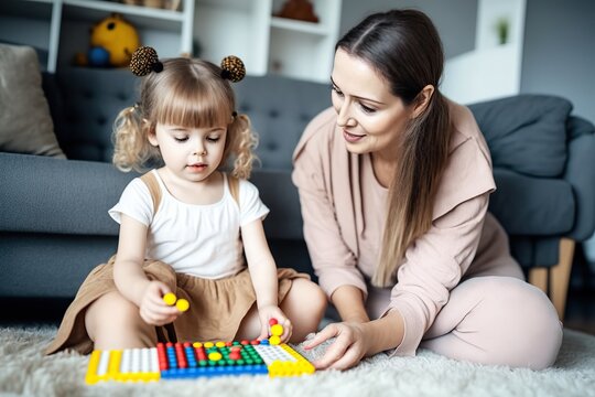 A loving mother plays on the floor at home with her 3-year-old daughter. Ai generated.