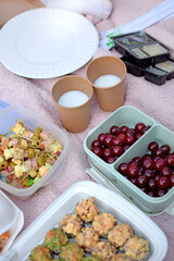 food for eating salad and snacks, healthy lifestyle, selective focus. Outdoor picnic, cocktails and food, fresh fruits and sushi. Leisure and weekend outdoors
