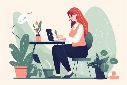 A digital illustration of a woman working or learning remotely on her laptop. Generative AI. 