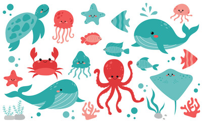 Vector cute set with sea animals and algae. Marine collection with whale, octopus, fish, crab, jellyfish, turtle, starfish and stingray. Inhabitants of the sea world in flat design. Cute sea animals. 