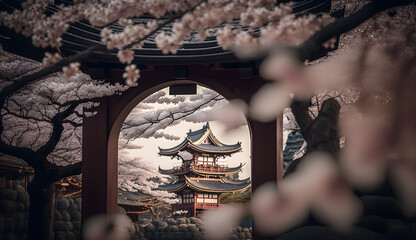 toji gate in cherry blossom garden, japanese garden landscape .generative ai