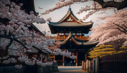 Fototapeta na wymiar toji gate in cherry blossom garden, japanese garden landscape .generative ai