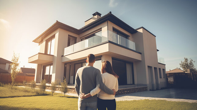 Young Family Looking At Their New Home Standing With Their Backs, Real Estate Purchase, Investment. Generative Ai