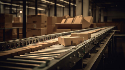Orders processed on conveyor belt. Cardboard boxes in logistics warehouse. Generative Ai