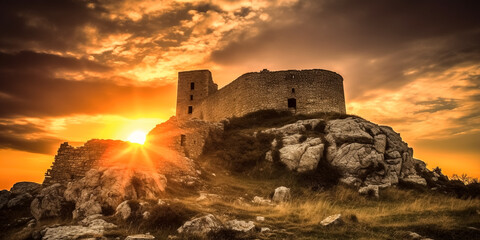 Fototapeta premium Mysterious medieval castle in the mountains against the backdrop of a magnificent summer sunset. Fantasy background, digital art