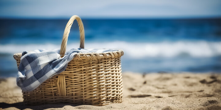 Picnic Basket On Sunny Beach. Picnic Background With Bag. Digital Ai Art	