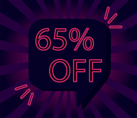 65% sixty-five percent off. pink outline on purple and black background. sale shopping banner. business fashion