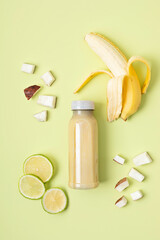 Healthy fresh lime, banana, coconut smoothie with assorted ingredients. Superfood detox and diet...