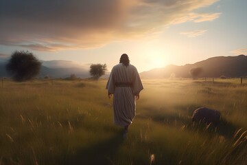 Jesus walking in a green field