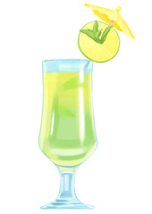 Green cocktail with lime and umbrella, isolated. Watercolor illustration.