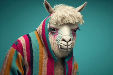 sad llama wearing clothes suffering created with Generative AI technology