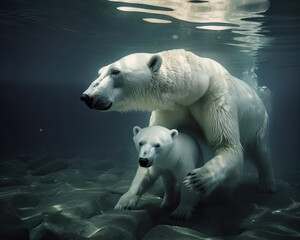 Obraz na płótnie Canvas Mama osa polar con osezno buceando en el oceano.Ilustración de IA generativa