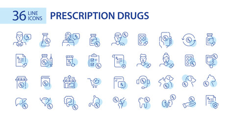 Set of prescription drugs, pharmacy and healthcare professionals icons. Pixel perfect, editable stroke icons