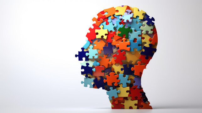 Abstrakte Darstellung eines Kopfes aus Puzzleteilen in der Seitenansicht (Generative AI)