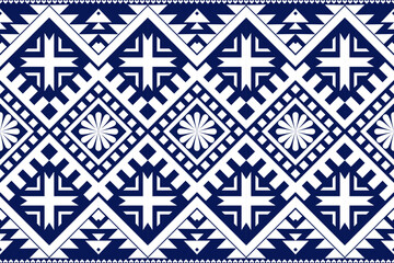 Blue and white geometric ethnic seamless pattern design for wallpaper, background, fabric, curtain, carpet, clothing, and wrapping.
