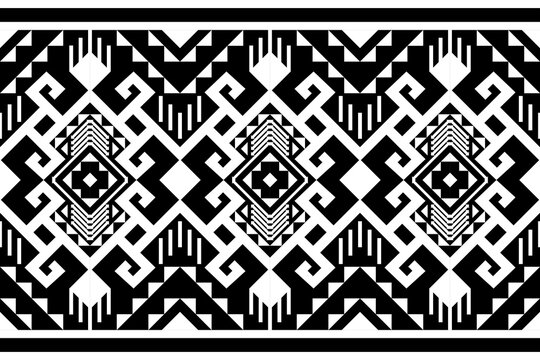 Black and white geometric ethnic seamless pattern design for wallpaper, background, fabric, curtain, carpet, clothing, and wrapping.