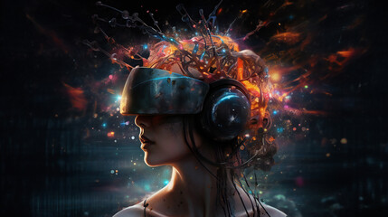 Obraz na płótnie Canvas Technological concepts such as VR headset, metaverse, futuristic virtual world. Generative AI