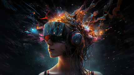 Fototapeta premium Technological concepts such as VR headset, metaverse, futuristic virtual world. Generative AI