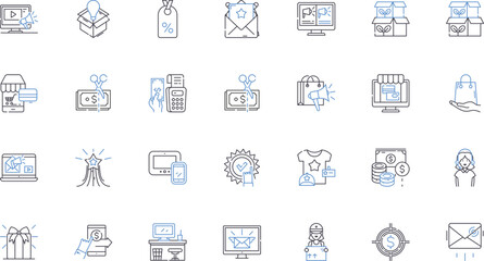 Fototapeta premium Stall line icons collection. Market, Booth, Kiosk, Vendor, Stand, Trade, Presentation vector and linear illustration. Selling,Showcase,Merchandise outline signs set