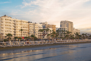Beautiful view of the main street of Larnaca and Phinikoudes beach in Cyprus