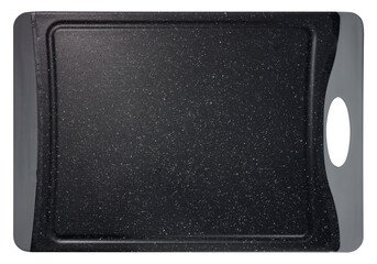 Empty black plastic cutting board for fish and meat on a white isolated background