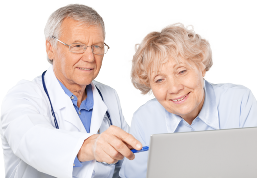 Portrait of a Mature Doctor with Patient Looking at Laptop