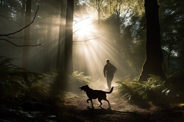 Silhouette of man running with his dog into the woods. Generative AI