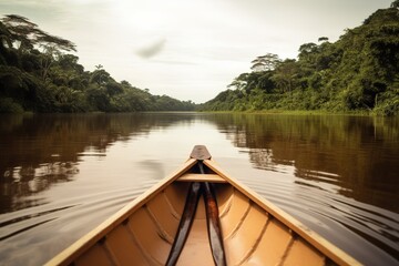 Fototapeta na wymiar Canoe trip in the amazon river. Close up shot. Generative AI