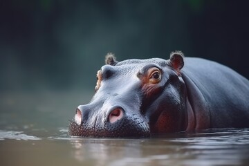 Close up shot of hippo head resting in water. Generative AI