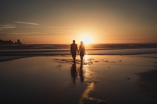 Silhouette of couple walking by the beach at sunset. Generative AI