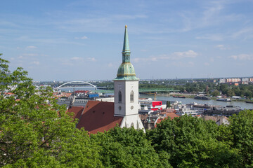 Beautiful view of St. Martin's Cathedral on the banks of the Danube in the old town of Bratislava, Slovakia on a sunny summer day 