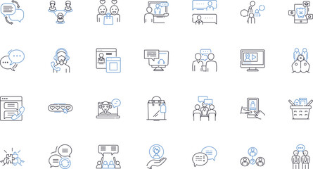 Member service line icons collection. Support, Assistance, Membership, Communication, Engagement, Feedback, Benefits vector and linear illustration. Advocacy,Loyalty,Relations outline signs set