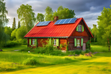 Rotes Haus mit Solarenergie