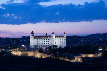 Beautiful view of the Bratislava castle on the banks of the Danube in the old town of Bratislava, Slovakia on a sunny summer day