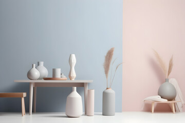 Minimal style of a modern interior with pastel color ceramic vases on a wooden shelf, generative, AI, Generative AI.