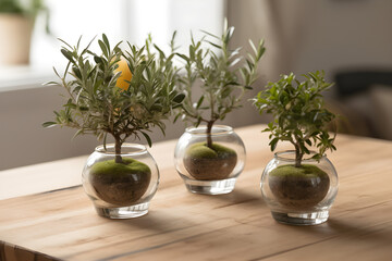 Drei Pflanzen in Glasvasen
