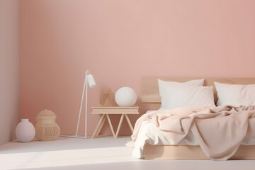 Fototapeta na wymiar Minimal style interior of a modern bedroom with pink wall, wooden bed, table and white lamp, generative, AI, Generative AI.