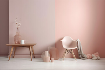 Minimal interior of a room with pink wall, coffee table and pink chair, scandinavian style, nordic, generative, AI, Generative AI.