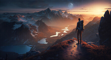 Man hiker stands and looks at mountain landscape from top at sunset, generative AI