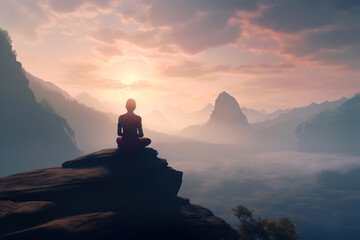 Yoga on mountain top at sunset, monk or girl meditating outdoor, generative AI