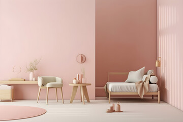 Minimal pastel pink living room interior composition with armchair, wooden coffee table and sofa, generative, AI, Generative AI.