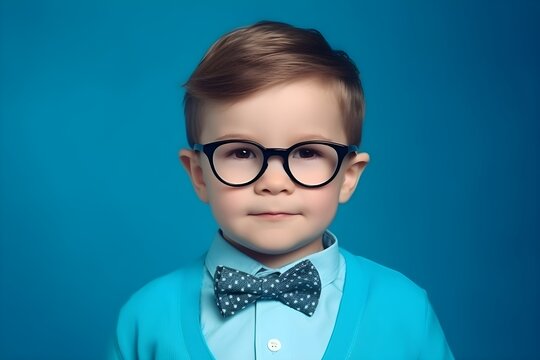 Generative AI Serious little boy in glasses on blue background. Little schoolboy with bow tie ready for learning. Back to school concept