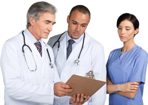 Portrait of a Nurse and Doctors Looking at a Clipboard - Powered by Adobe
