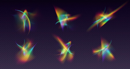 Crystal refraction overlay, leak flare, rainbow sunlight effect, holographic reflections isolated on a black background. Blurred optical rays, vintage camera glares. Vector illustration.