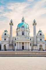 Fototapeta na wymiar Beautiful view of the Karlskirche, located on the south side of Karlsplatz in Vienna, Austria